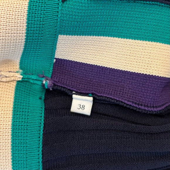 Sandro Navy Knit Dress with Contrast Ribbon Detail - V-Neck Short Sleeve Midi - Picture 13 of 16